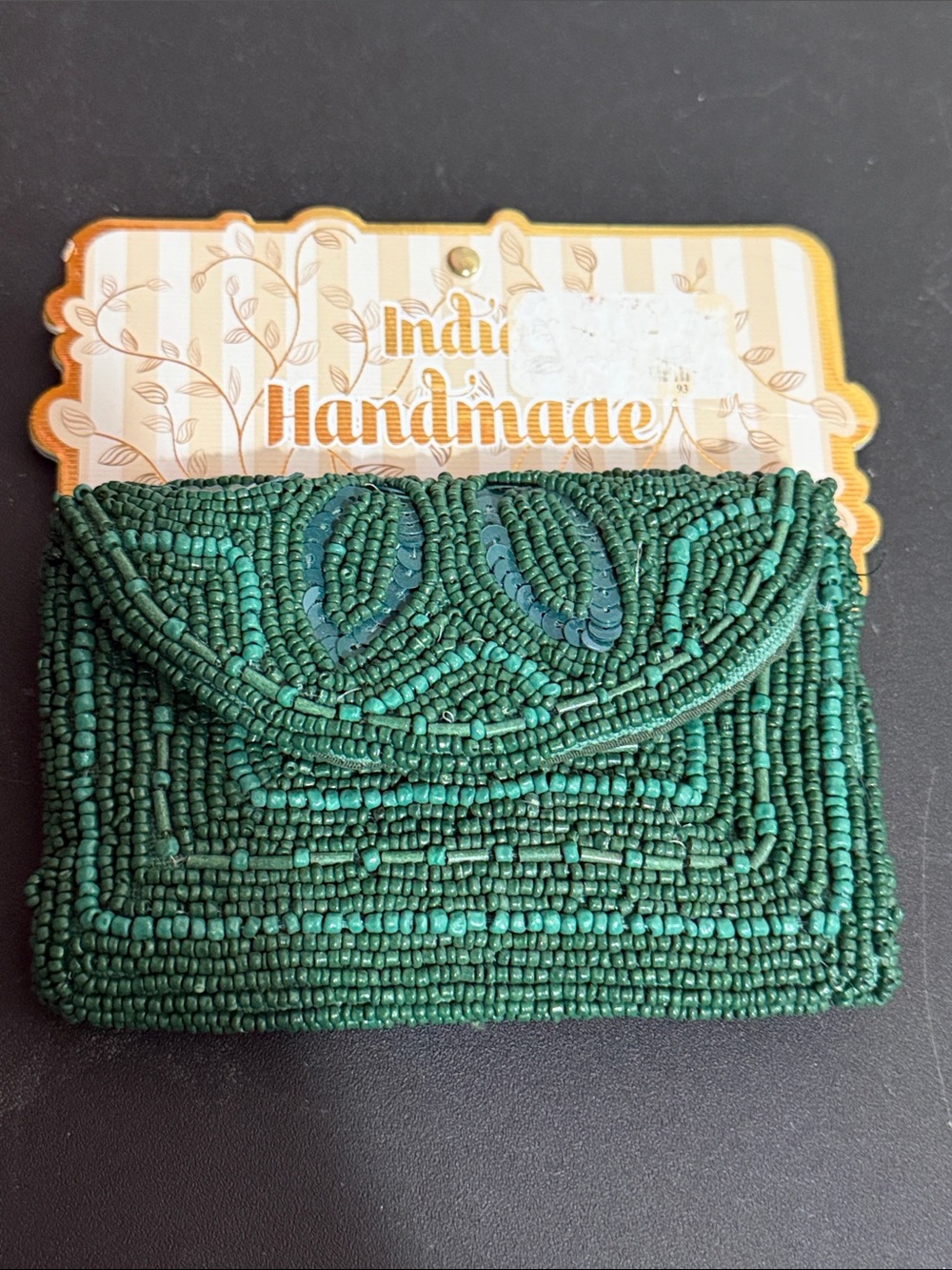 Made in India mini Hunter green beaded pouch